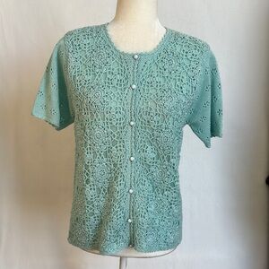 Jaclyn Smith Women’s Sz S Teal Crochet Knit Short Sleeve Cardigan Sweater